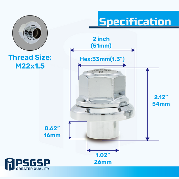 PSGSP Prime Sleeve Wheel Nuts M22x1.5 RH Chrome for Single/Front Aluminum Wheel-Hub Piloted-Bolt Hole: 26mm Pack of 20