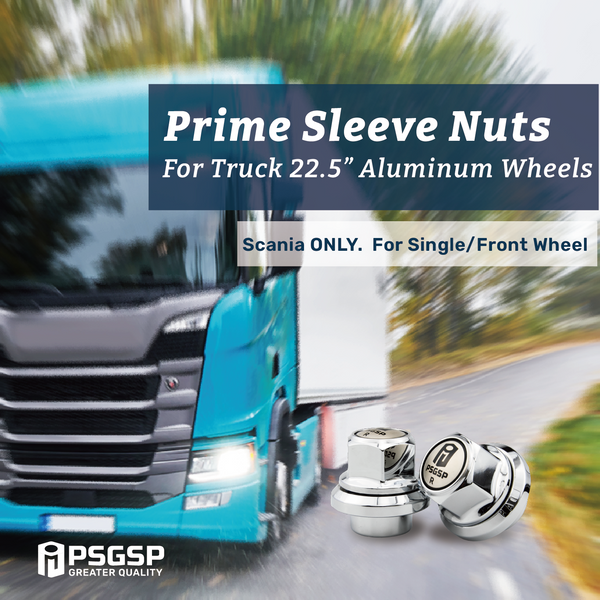 PSGSP Prime Short Sleeve Wheel Nuts 7/8”-11 BSF Chrome for Scania Truck, Coach Fit Single or Front Alcoa Aluminum Wheels -Pack of 20