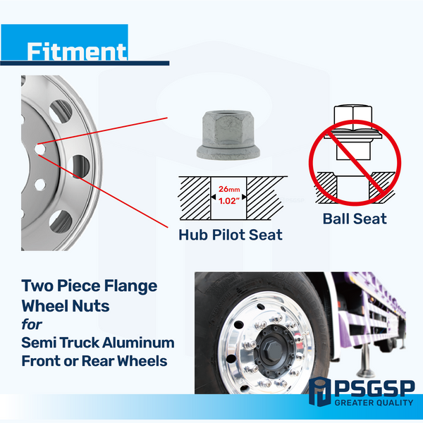 PSGSP Two-Piece Flange Wheel Nuts - M22x1.5 Hex:33mm Grey for Heavy Duty Truck Semi Truck Fit Aluminum or Steel Wheels with Hub Piloted - 10pcs