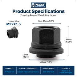 PSGSP Two-Piece 6mm Sleeve Flanged Wheel Nuts 6PCS, M22x1.5 Hex:33mm Black for Heavy Duty Truck Semi Truck Fit Steel Single Wheels with Hub Piloted Seat & 26mm Bolt Hole Size