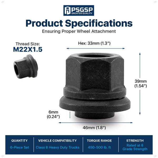 PSGSP Two-Piece 6mm Sleeve Flanged Wheel Nuts 6PCS, M22x1.5 Hex:33mm Black for Heavy Duty Truck Semi Truck Fit Steel Single Wheels with Hub Piloted Seat & 26mm Bolt Hole Size