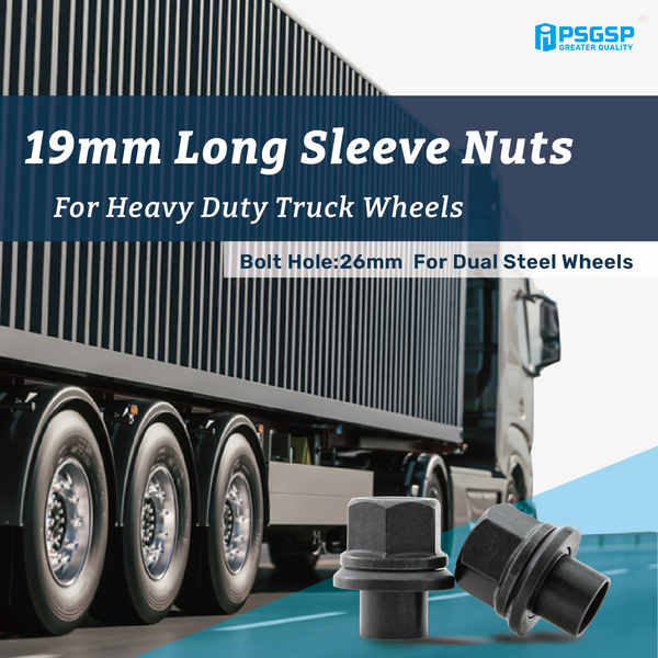 PSGSP Two-Piece 19mm Sleeve Flanged Wheel Nuts 10PCS, M22x1.5 Hex:33mm Black for Heavy Duty Truck Semi Truck Fit Steel Dual Wheels with Hub Piloted Seat & 26mm Bolt Hole Size