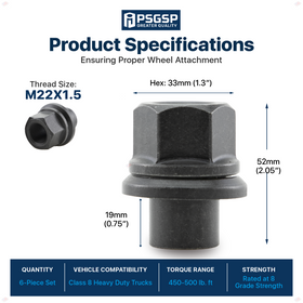 PSGSP Two-Piece 19mm Sleeve Flanged Wheel Nuts 6PCS, M22x1.5 Hex:33mm Black for Heavy Duty Truck Semi Truck Fit Steel Dual Wheels with Hub Piloted Seat & 26mm Bolt Hole Size