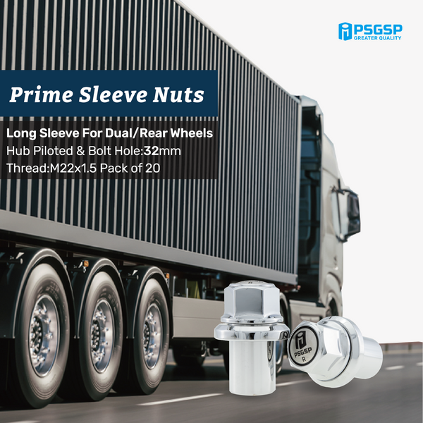 PSGSP Prime Long Sleeve Wheel Nuts M22x1.5 Hex 33mm Chrome for HGV Truck, Lorry, Coach or Bus Fit Dual, Rear Alcoa Aluminum Wheels with Hub Piloted & Bolt Hole : 32mm -Pack of 20