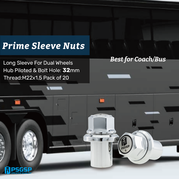 PSGSP Prime Long Sleeve Wheel Nuts M22x1.5 Hex 33mm Chrome for HGV Truck, Lorry, Coach or Bus Fit Dual, Rear Alcoa Aluminum Wheels with Hub Piloted & Bolt Hole : 32mm -Pack of 20