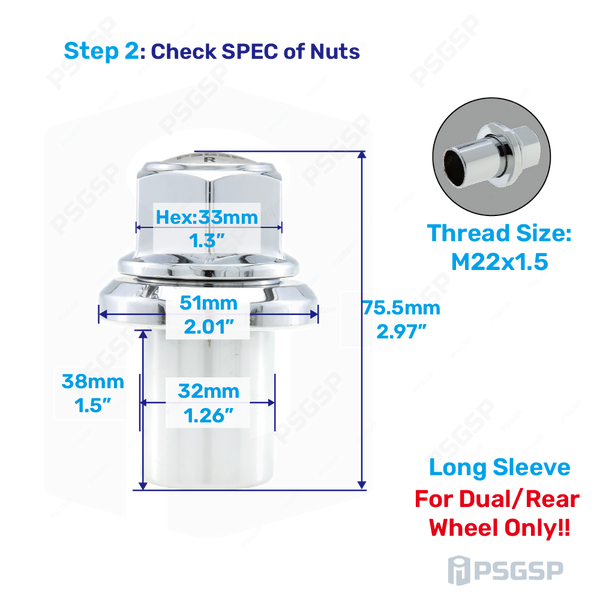 PSGSP Prime Long Sleeve Wheel Nuts M22x1.5 Chrome for Van Hool Coach Fit Dual Aluminum Wheels with Hub Piloted & 32mm Bolt Hole - Pack of 20 - Alcoa 430732 Replacement