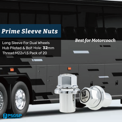 PSGSP Prime Long Sleeve Wheel Nuts M22x1.5 Chrome for Van Hool Coach Fit Dual Aluminum Wheels with Hub Piloted & 32mm Bolt Hole - Pack of 20 - Alcoa 430732 Replacement