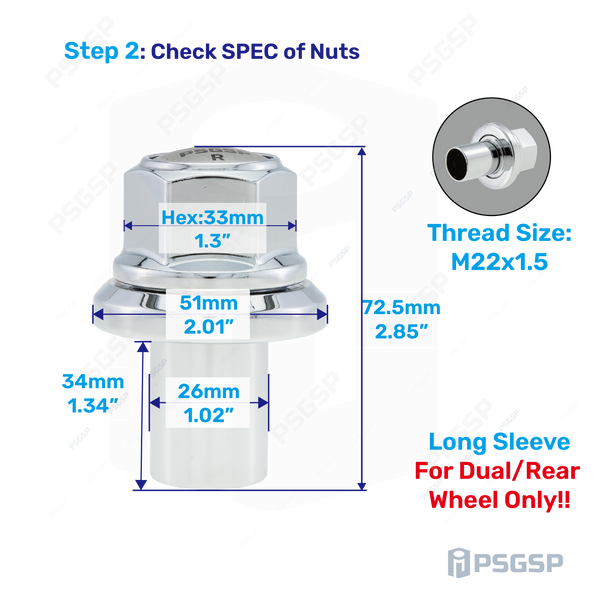 PSGSP Prime Sleeve Wheel Nuts-M22x1.5 RH -For Dual Aluminum Wheel-Hub Piloted-Bolt Hole:26mm-Pack of 20