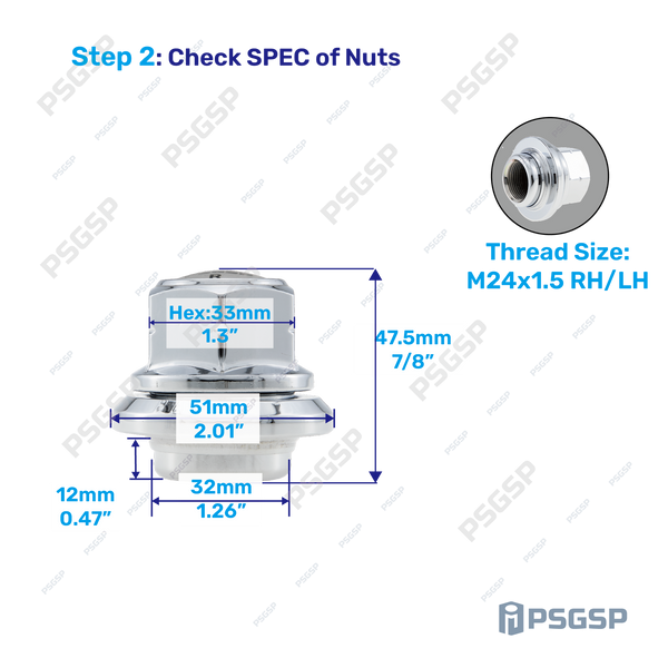 PSGSP Prime Sleeve Wheel Nuts-M24x1.5 RH/LH-For Japanese Heavy Duty Truck Single(Front) Aluminum Wheels -Ball Seat-Bolt Hole: 32mm-Pack of 20