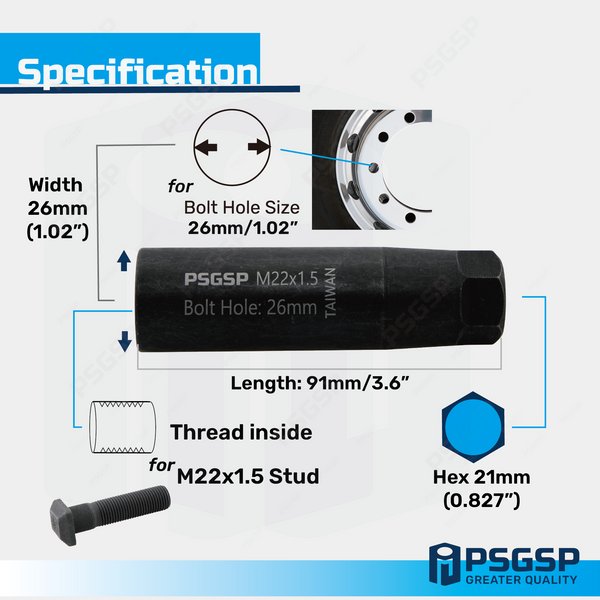 PSGSP Wheel Centering Tool Pair Black with M22x1.5 Internal Thread for Heavy Duty Truck Wheels with Bolt Hole 26mm (1.02 inch)